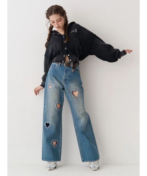 ジーンズ デニム デニムパンツ 「着用動画あり」ビジューハートカッティングワイドデニムパンツ　春服 レディース_22