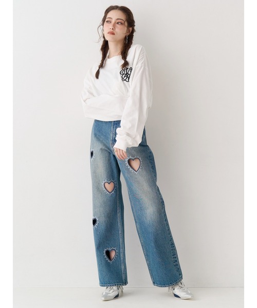 ジーンズ デニム デニムパンツ 「着用動画あり」ビジューハートカッティングワイドデニムパンツ　春服 レディース_6