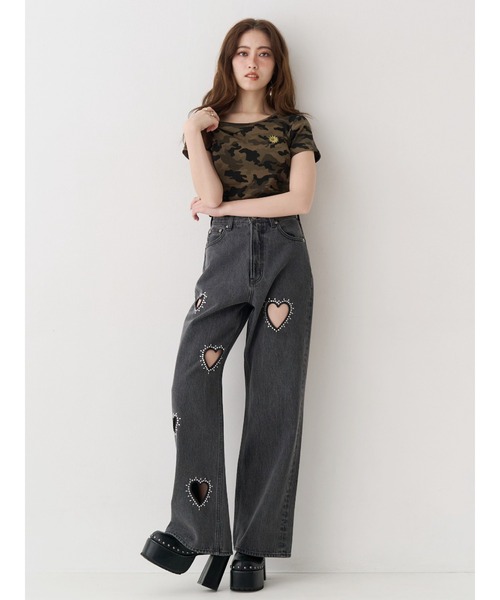 ジーンズ デニム デニムパンツ 「着用動画あり」ビジューハートカッティングワイドデニムパンツ　春服 レディース_11