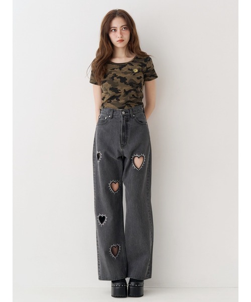ジーンズ デニム デニムパンツ 「着用動画あり」ビジューハートカッティングワイドデニムパンツ　春服 レディース_10