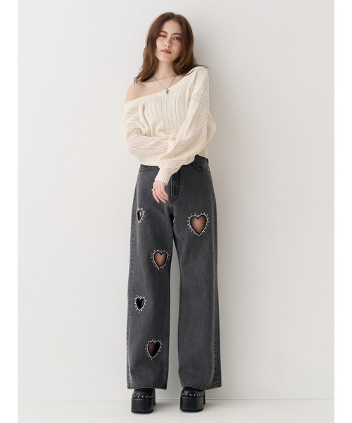 ジーンズ デニム デニムパンツ 「着用動画あり」ビジューハートカッティングワイドデニムパンツ　春服 レディース_9