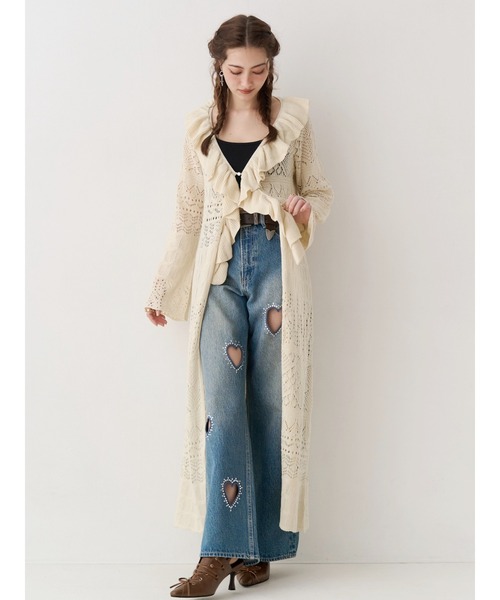 ジーンズ デニム デニムパンツ 「着用動画あり」ビジューハートカッティングワイドデニムパンツ　春服 レディース_7