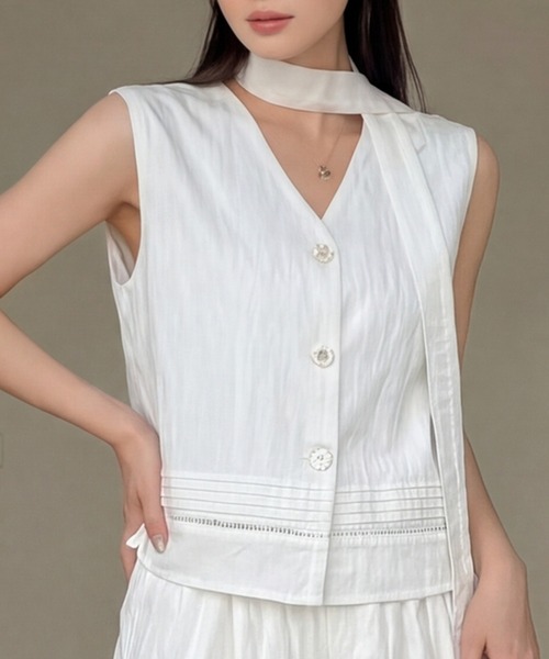 NUX ホワイトセットアップレア！Sサイズ DRESS+（ドレスプラス） セットアップ Vネックベスト ワイドパンツ