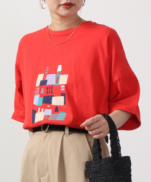 tシャツ EMAGO 城のプリント刺繍5分袖Tシャツ レディース