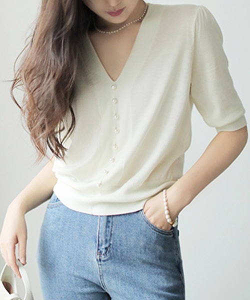 Dewlily ニット セーター フェイクパールVネックニット レディース