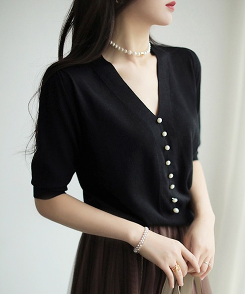 Dewlily ニット セーター フェイクパールVネックニット レディース