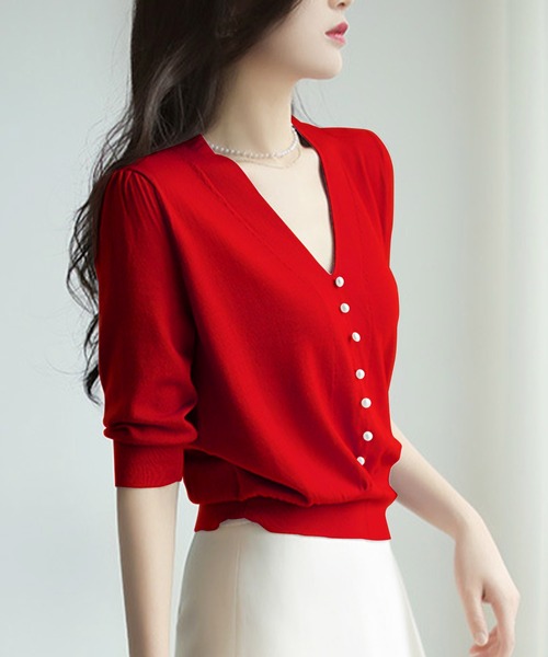 Dewlily ニット セーター フェイクパールVネックニット レディース