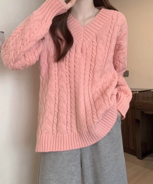shopnikoniko（ショップにこにこ） ニット セーター Vネック ケーブル