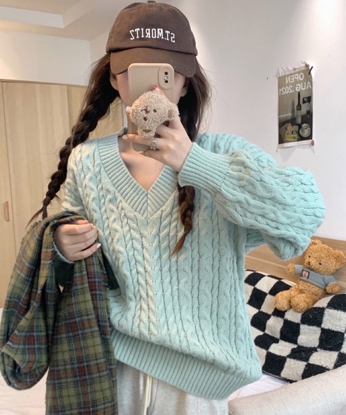 shopnikoniko（ショップにこにこ） ニット セーター Vネック ケーブル 
