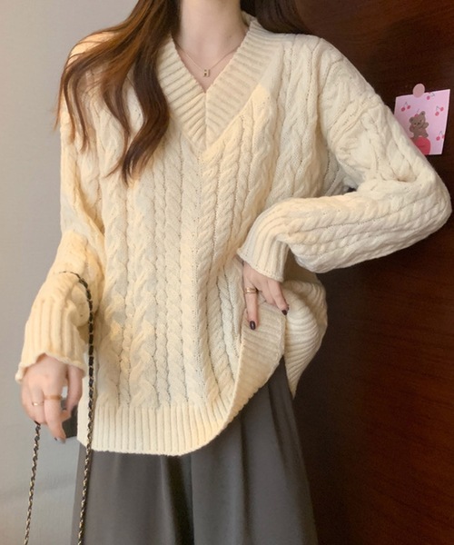 shopnikoniko（ショップにこにこ） ニット セーター Vネック ケーブル