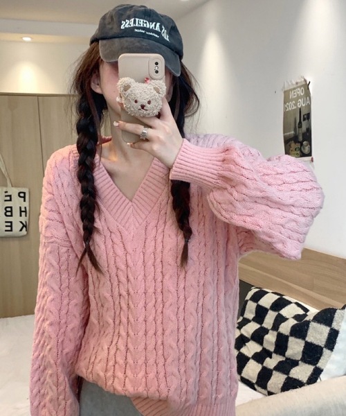 shopnikoniko（ショップにこにこ） ニット セーター Vネック ケーブル
