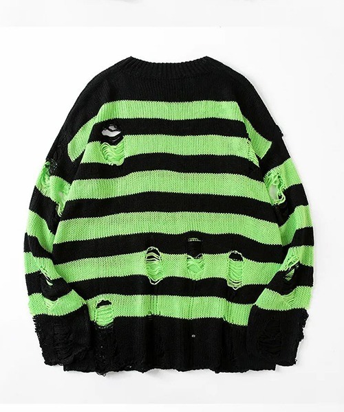 セーター ニット 「WARAIJOGO」ダメージ加工オーバーサイズボーダー