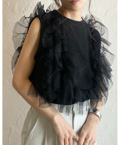 She's Closet tシャツ 2WAYオープンショルダーシアーフリル