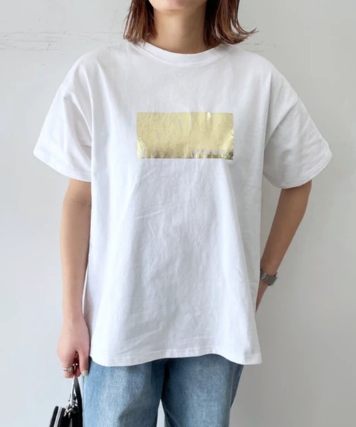 tシャツ ポイント箔プリントTシャツ レディース tシャツ 箔プリントシルバーヴィンテージプリントTシャツ