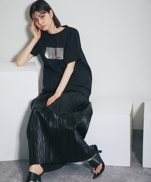 tシャツ 箔バープリント テレコトップス レディース antiqua 箔プリントTシャツ Tシャツ レディース トップス 送料