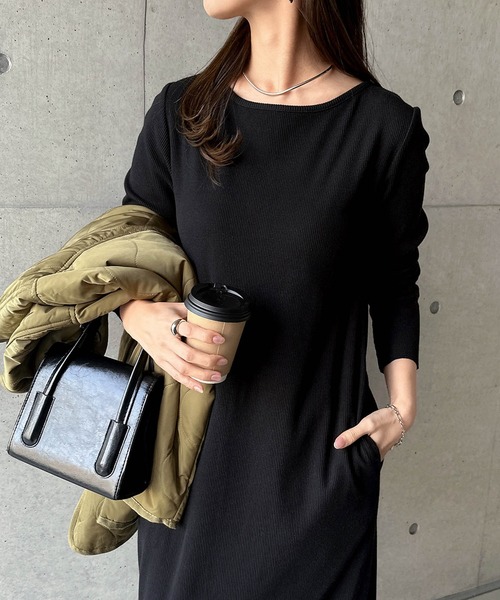 andme（アンドミー） ワンピース セルフカットリブボートネック長袖