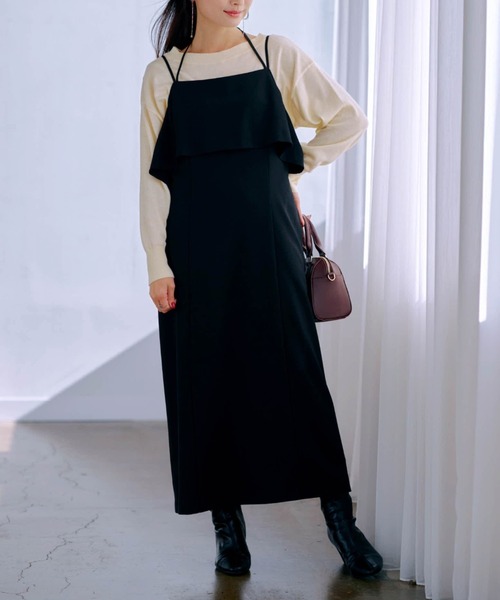 ワンピース バックリボンラッフルキャミワンピース 「低身長