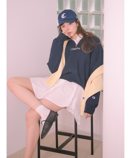 【Champion】リバースウィーブハーフジッププルオーバー　ネイビー FRAY I.D トレーナー スウェット 「Champion」リバースウィーブ