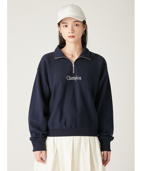 【Champion】リバースウィーブハーフジッププルオーバー　ネイビー FRAY I.D トレーナー スウェット 「Champion」リバースウィーブ