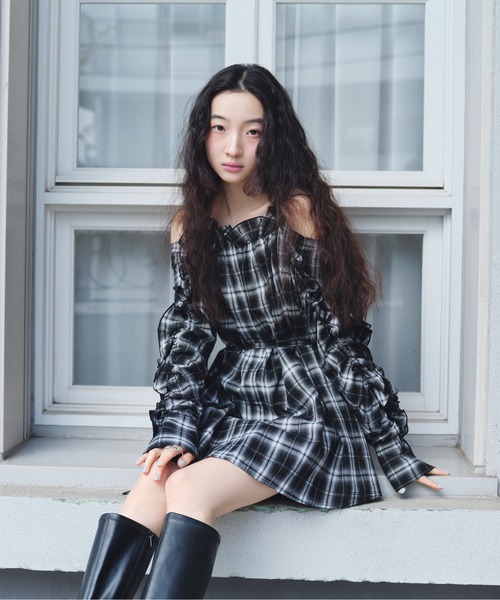 Heather ワンピース オンブレチェックフリルミニワンピース