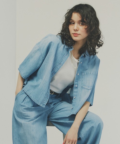 ブラウス シャツ 「Healthy DENIMコラボ」クロップド半袖デニムシャツ レディース