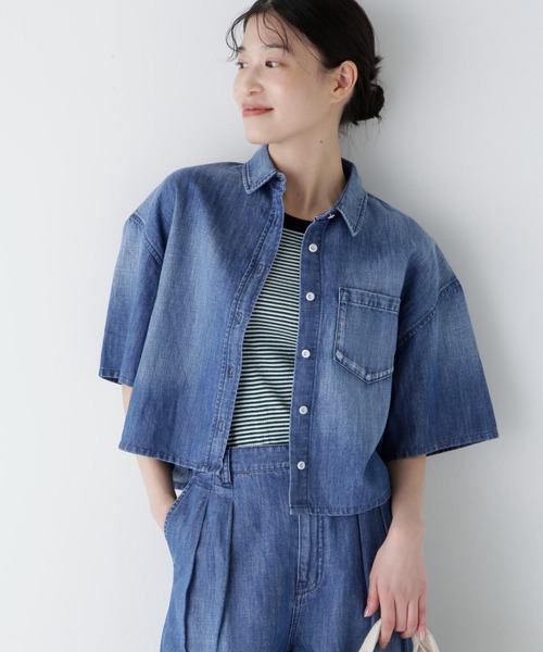 ブラウス シャツ 「Healthy DENIMコラボ」クロップド半袖デニムシャツ レディース Healthy denim ブラウス シャツ 「Healthy DENIMコラボ
