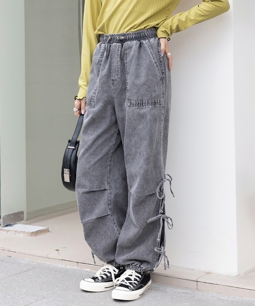 ワイドパンツ ジーンズ デニム デニムパンツ サイドリボンバギーデニム