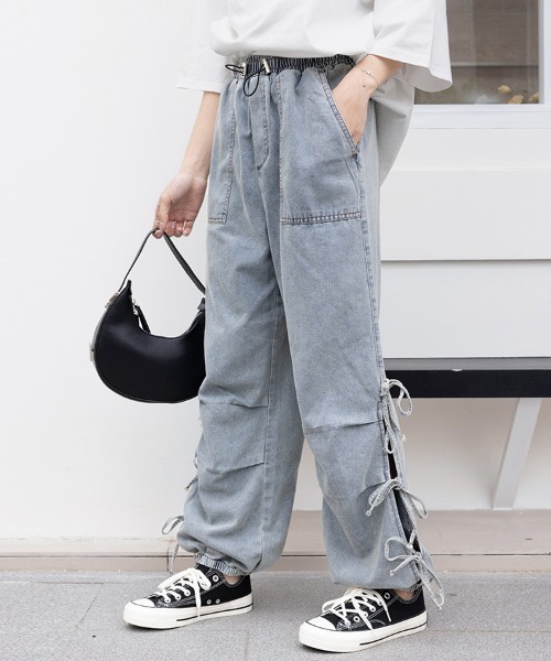 ワイドパンツ ジーンズ デニム デニムパンツ サイドリボンバギーデニム