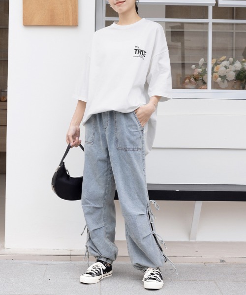 ワイドパンツ ジーンズ デニム デニムパンツ サイドリボンバギーデニム