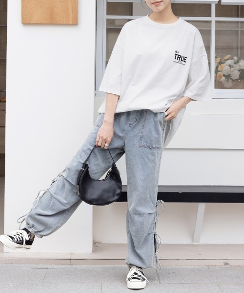 ワイドパンツ ジーンズ デニム デニムパンツ サイドリボンバギーデニム