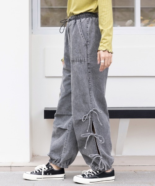 ワイドパンツ ジーンズ デニム デニムパンツ サイドリボンバギーデニム