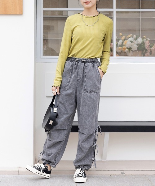 ワイドパンツ ジーンズ デニム デニムパンツ サイドリボンバギーデニム