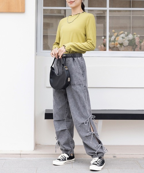 ワイドパンツ ジーンズ デニム デニムパンツ サイドリボンバギーデニム