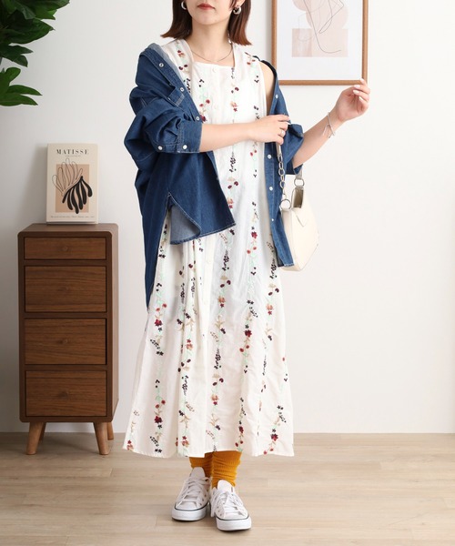 ベスト ジレ EMAGO 花ストライプ総柄刺繍ジレ レディース