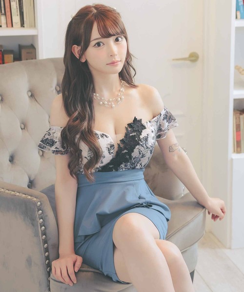 JOVANI SALE オフショルダー ペプラム レース カクテルドレス 茶 sugarオリジナルカラーあり【IRMA/イルマ】オフショル/ 刺繍