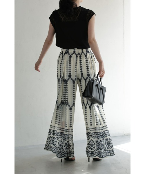 cawaii パンツ センタータックの装飾柄プリーツワイドパンツ