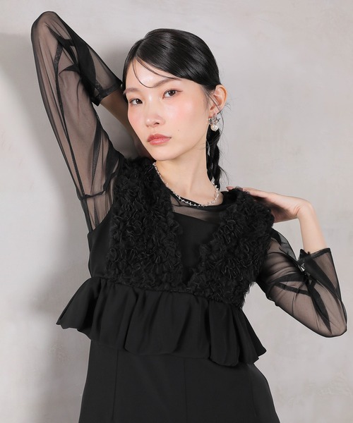 Kana ドレス チュールフリルペプラム Iラインワンピースドレス シアー