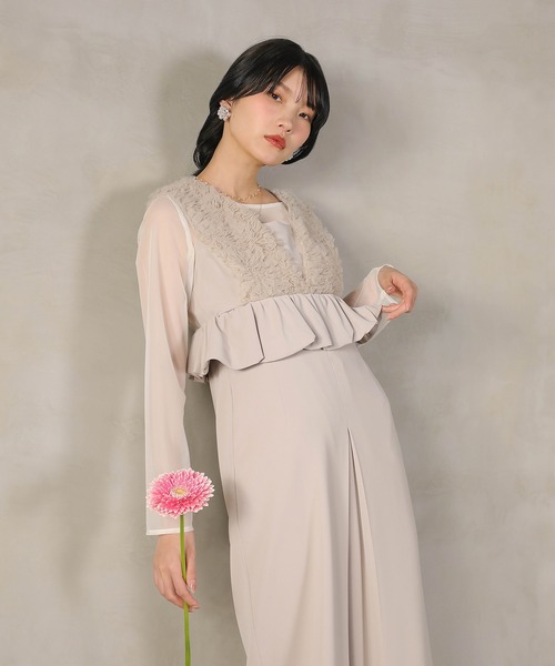 Kana ドレス チュールフリルペプラム Iラインワンピースドレス シアー