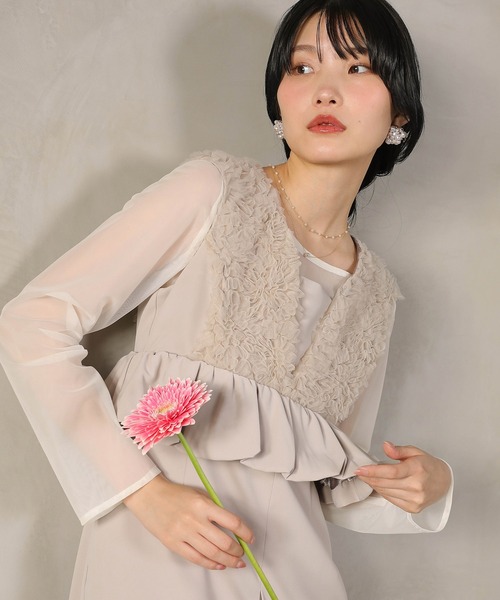 Kana ドレス チュールフリルペプラム Iラインワンピースドレス シアー