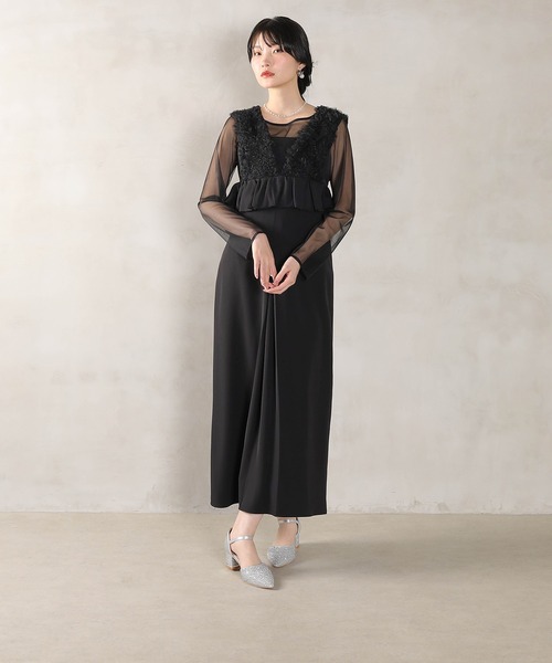 Kana ドレス チュールフリルペプラム Iラインワンピースドレス シアー