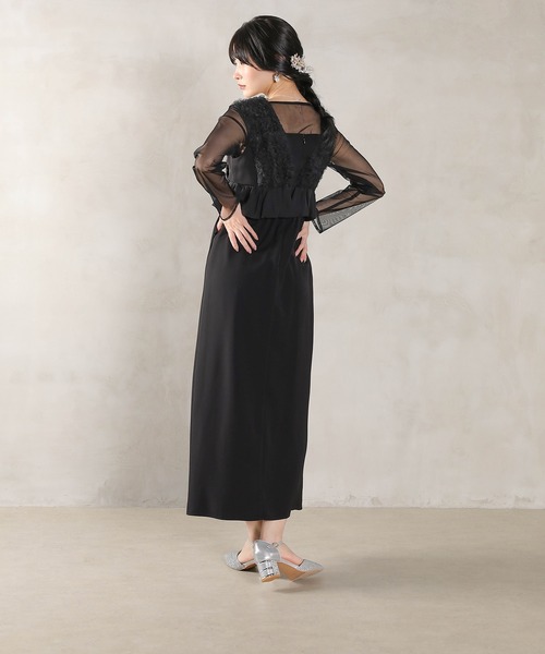 Kana ドレス チュールフリルペプラム Iラインワンピースドレス シアー