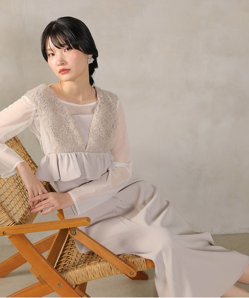 Kana ドレス チュールフリルペプラム Iラインワンピースドレス シアー