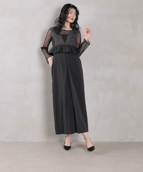 Kana ドレス チュールフリルペプラム Iラインワンピースドレス シアー