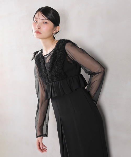 Kana ドレス チュールフリルペプラム Iラインワンピースドレス シアー