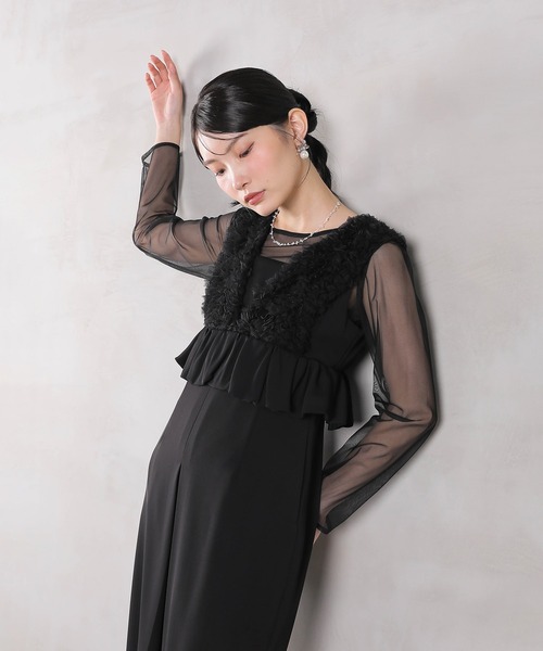 Kana ドレス チュールフリルペプラム Iラインワンピースドレス シアー