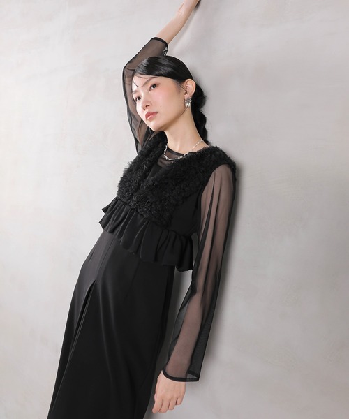 Kana ドレス チュールフリルペプラム Iラインワンピースドレス シアー