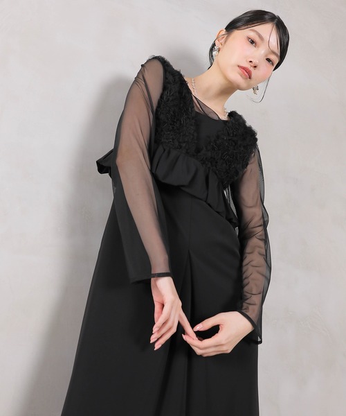 Kana ドレス チュールフリルペプラム Iラインワンピースドレス シアー