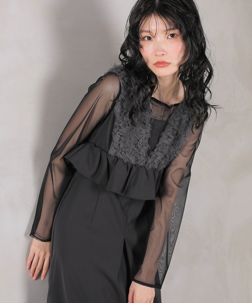 Kana ドレス チュールフリルペプラム Iラインワンピースドレス シアー