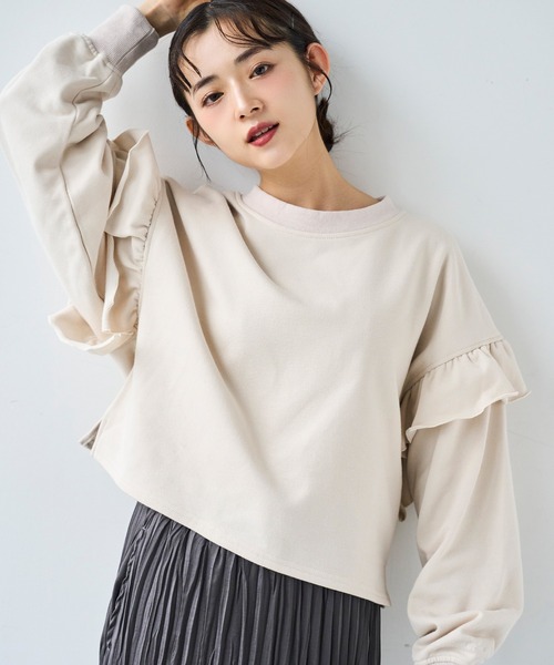 mil（ミル） トレーナー スウェット 袖フリル クロップドスウェット