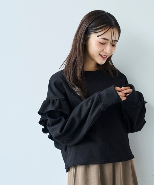 mil（ミル） トレーナー スウェット 袖フリル クロップドスウェット